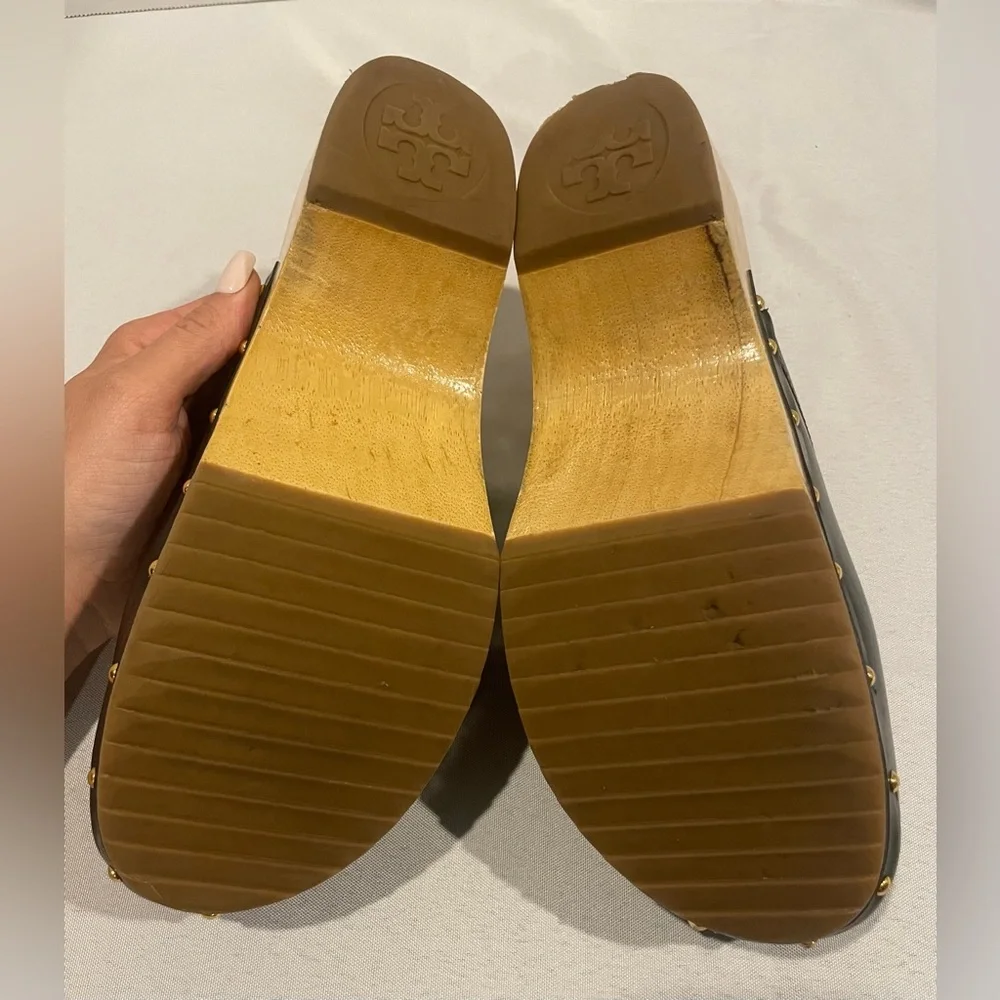 Tory Burch Black Leather & Wood Clogs with Gold Studs